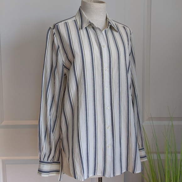 Lucky Brand Button Front Long Sleeve Vertical Striped Cream Blue Olive L NWT - Picture 1 of 8